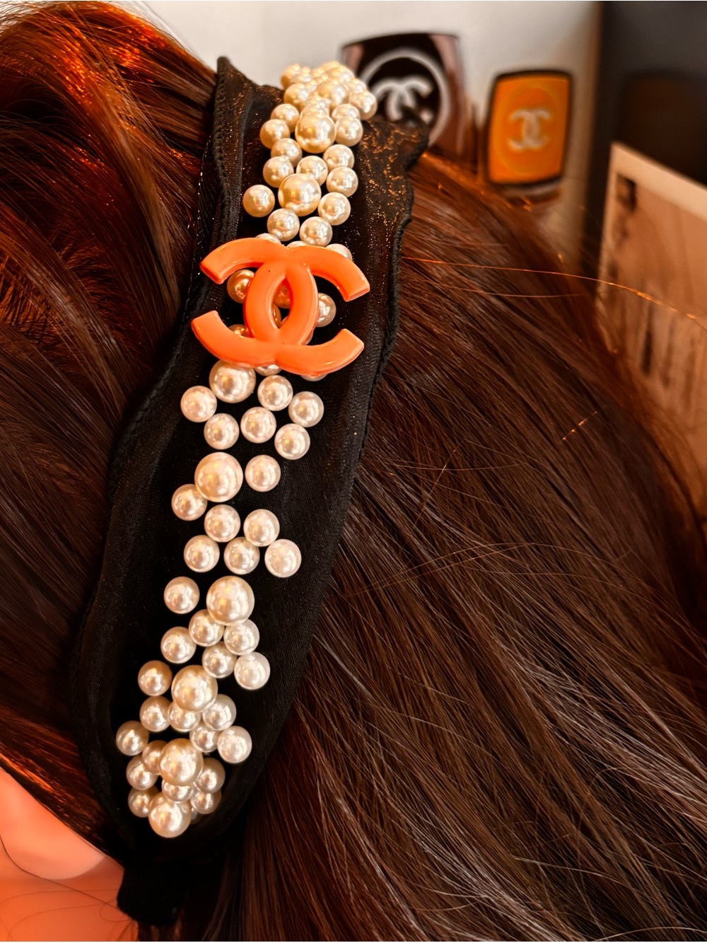 Black net ribbon Headband pearl embellished with peachy pink nude tone accent